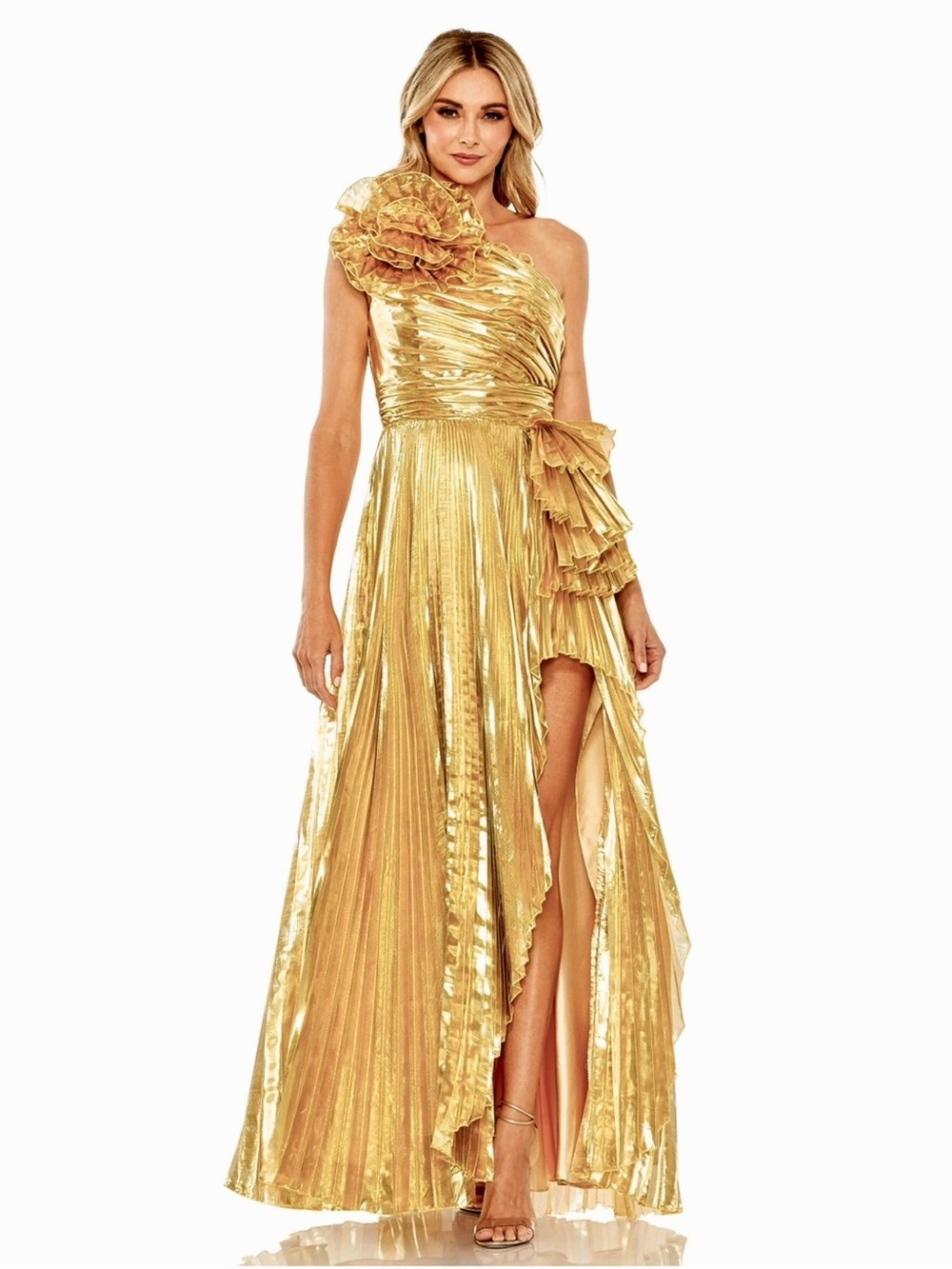 MAC DUGGAL Gold One Shoulder Pleated Ruffle Gown with Slit